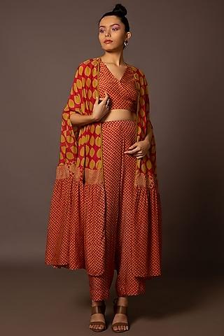 red cotton silk printed cape set