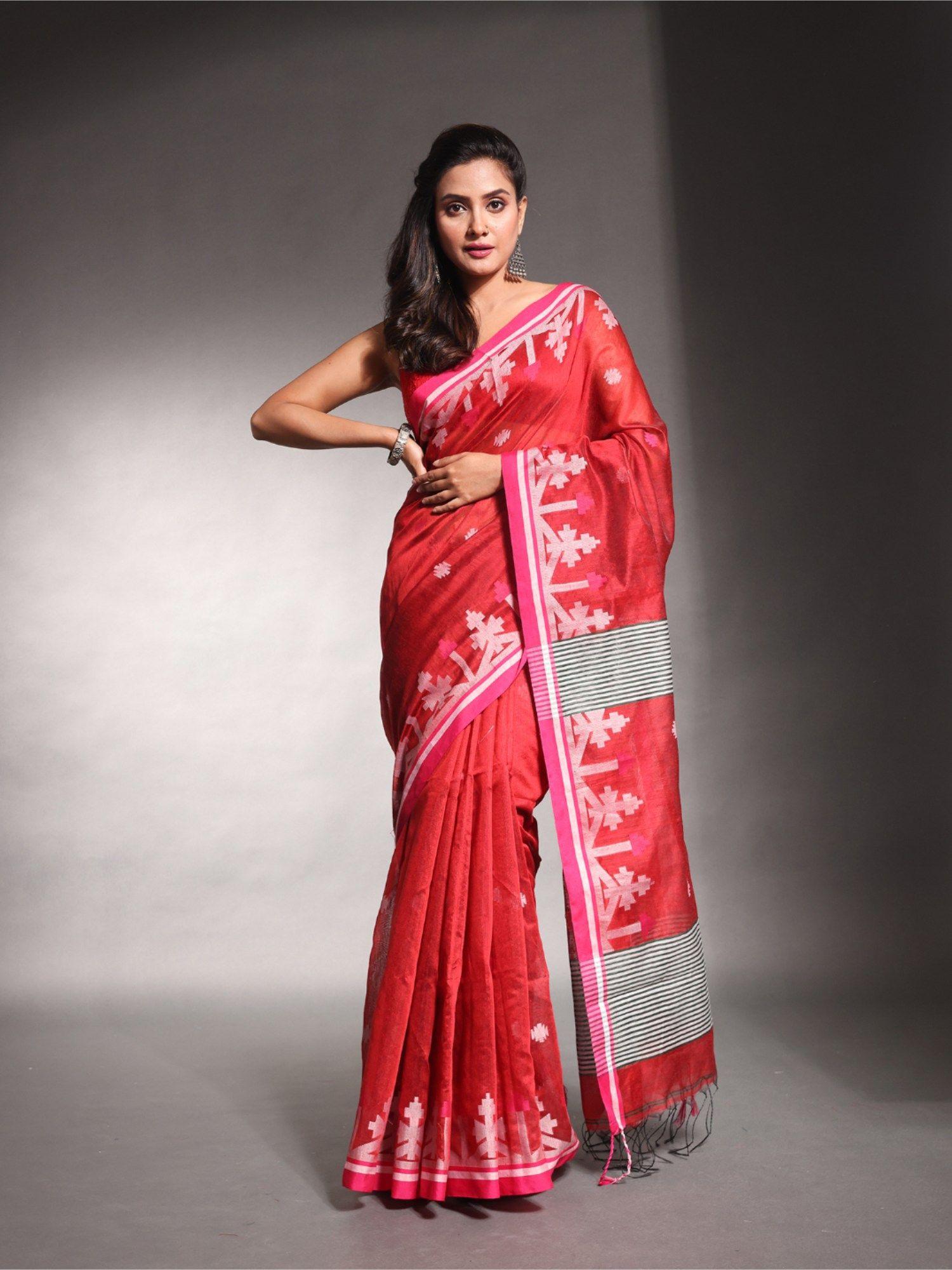 red cotton silk saree with unstitched blouse