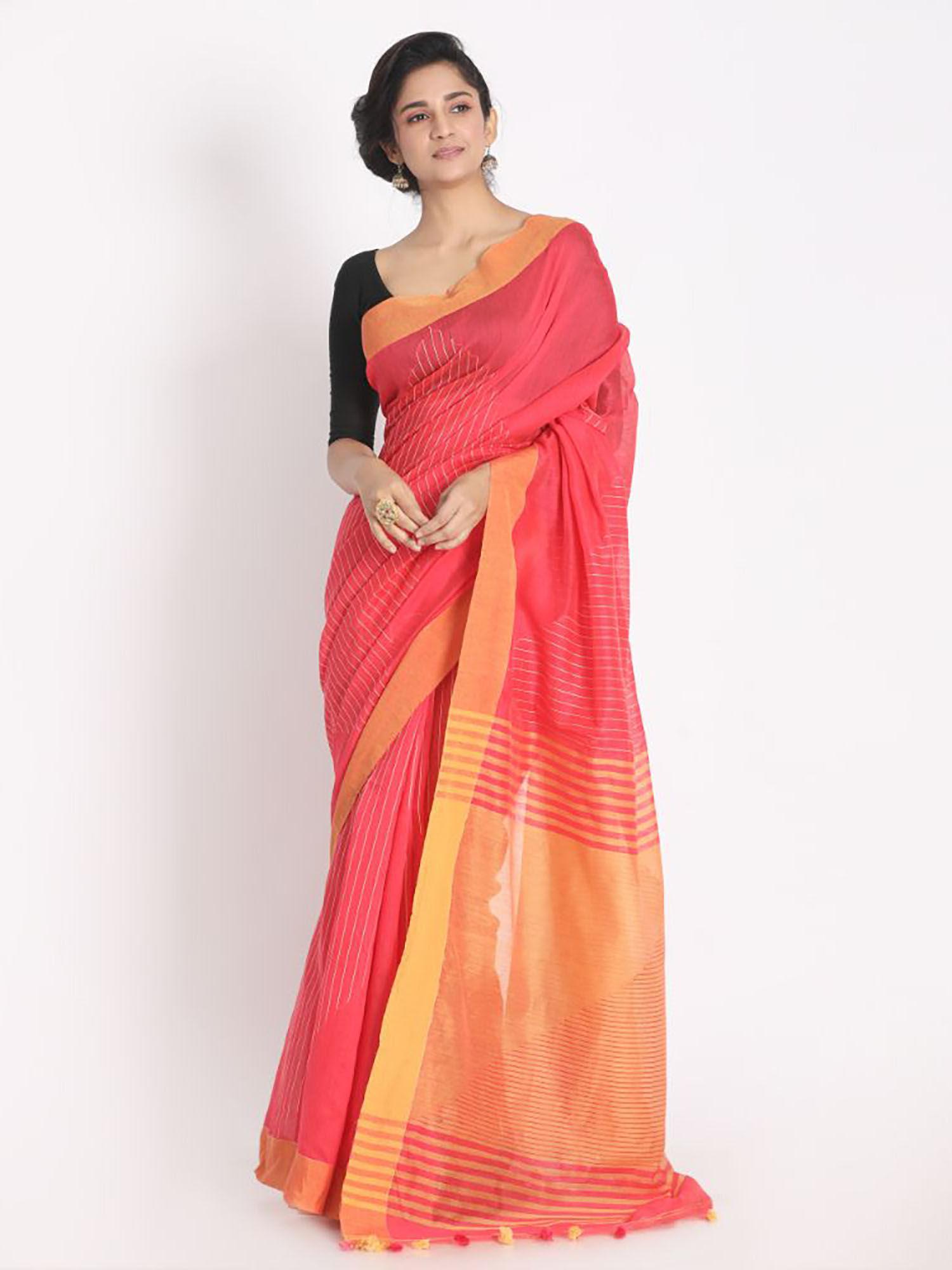 red cotton silk stripes handloom saree with unstitched blouse