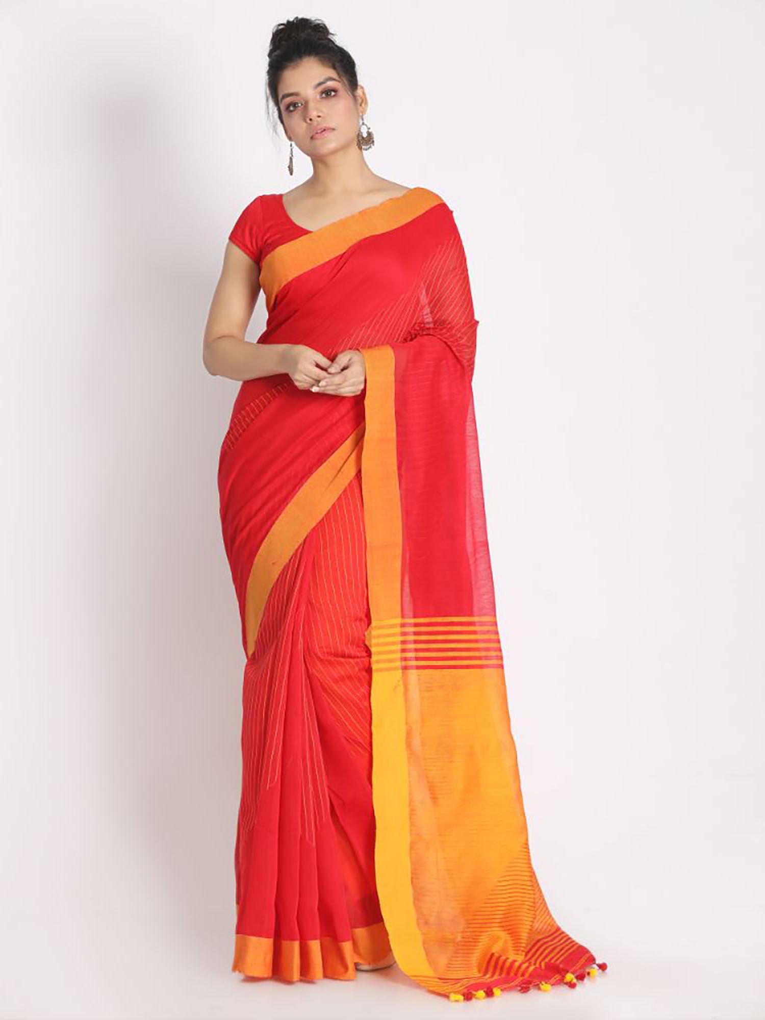 red cotton silk stripes handloom saree with unstitched blouse