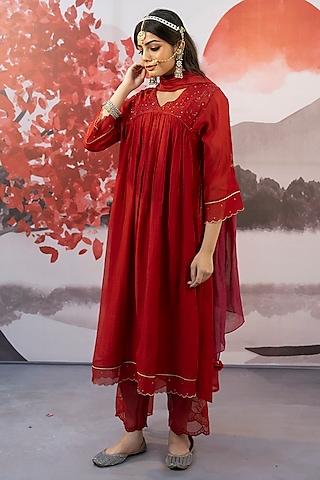 red cotton silk thread embroidered choga kurta set