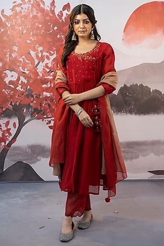 red cotton silk thread embroidered kurta set