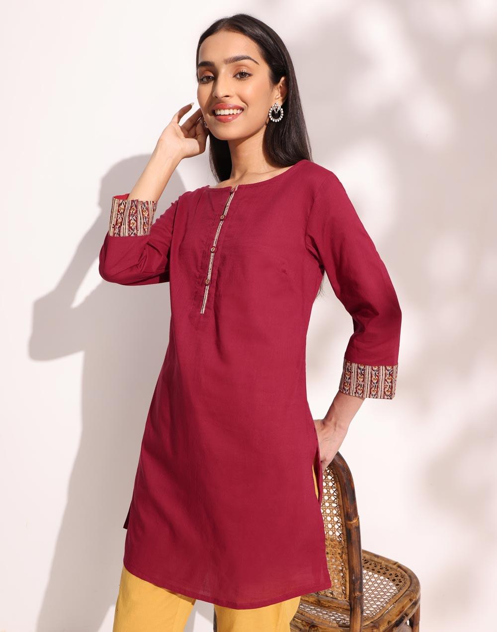 red cotton slim fit short kurta