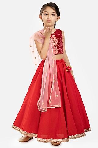 red cotton striped lehenga set for girls