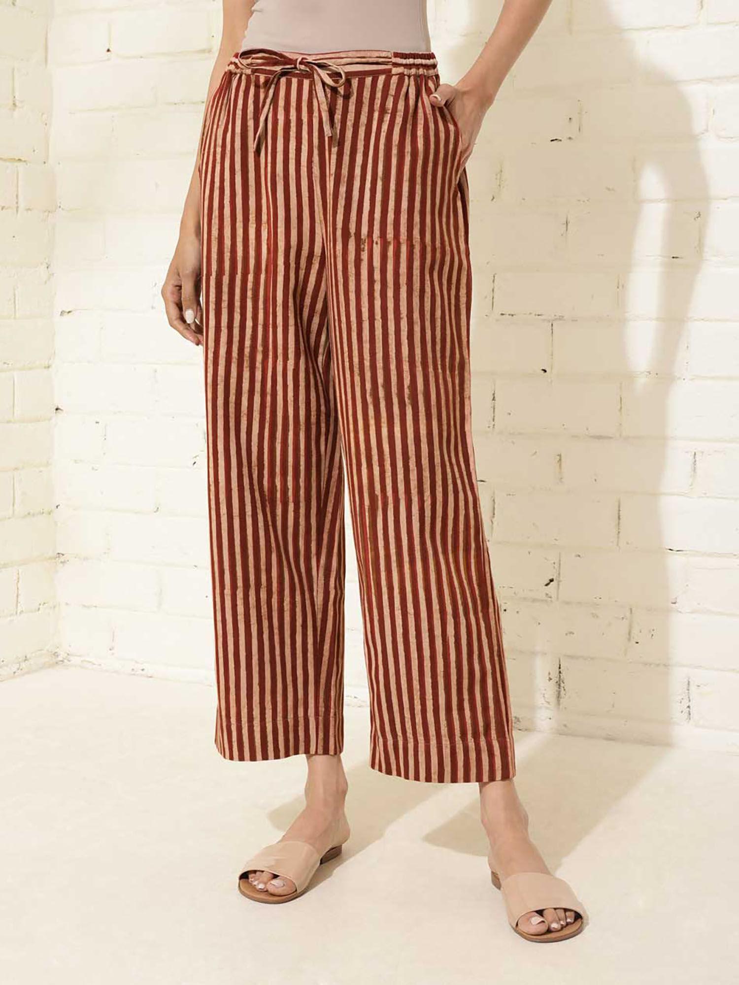 red cotton striped regular casual pant