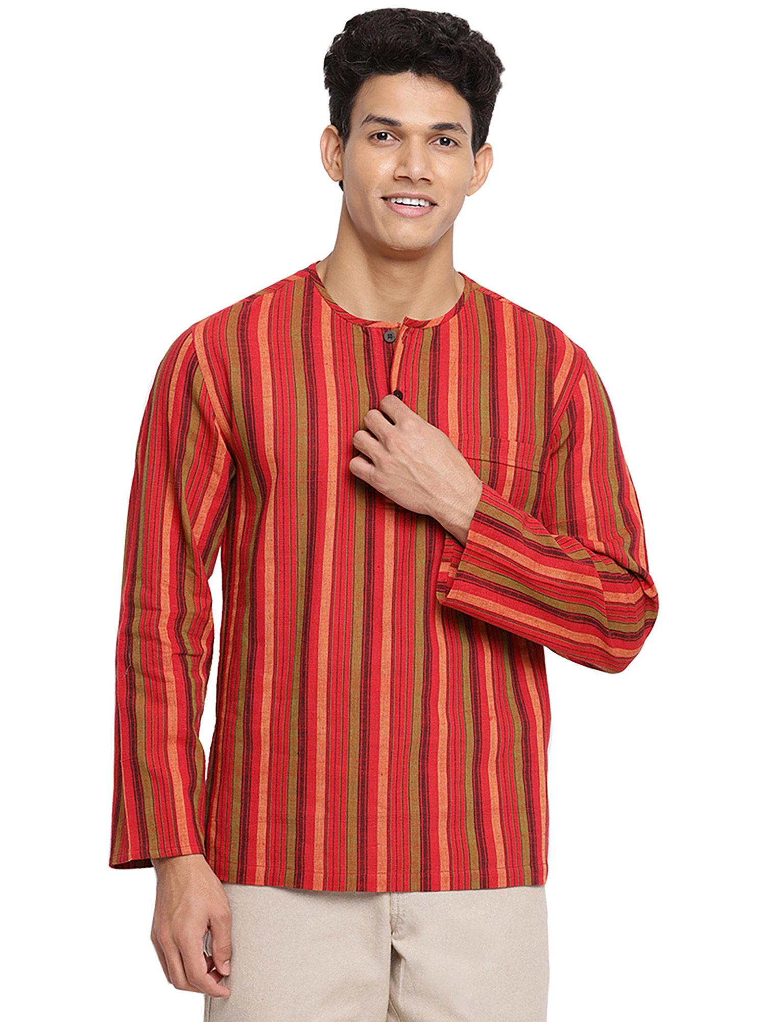 red cotton striped short kurta