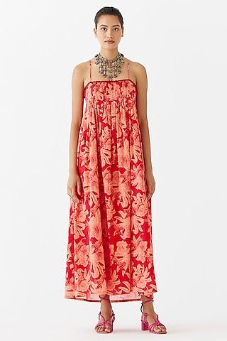 red cotton talon printed strappy maxi dress