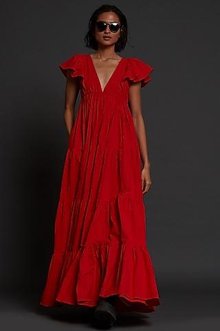 red cotton tiered gown