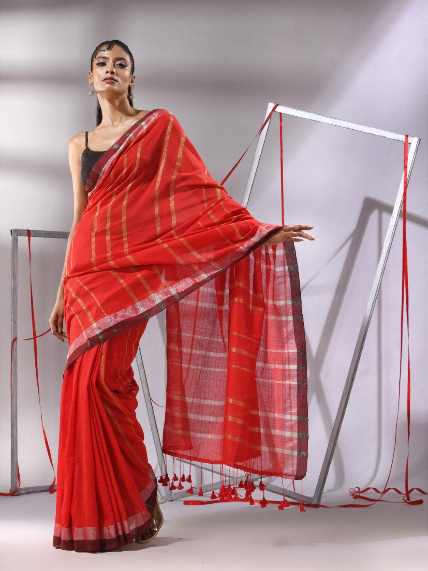 red cotton zari stripes saree with unstitched blouse