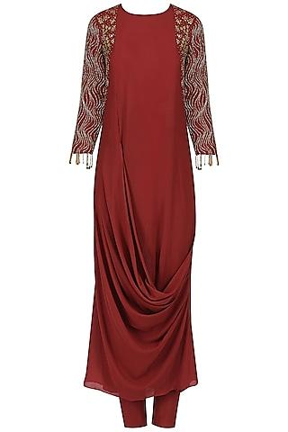 red cowl drape embroidered kurta and churidaar