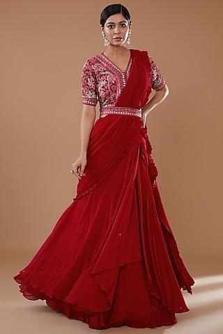 red crepe & georgette draped lehenga saree set