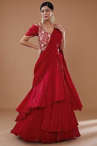 red crepe & georgette draped lehenga saree set