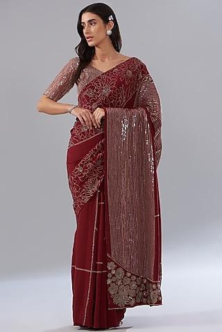 red crepe & tulle embroidered saree set