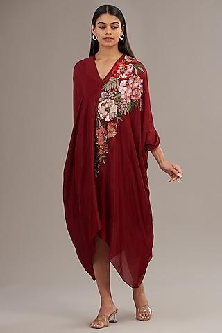 red crepe chiffon floral embroidered draped midi dress