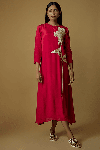 red crepe chiffon floral hand embroidered dress