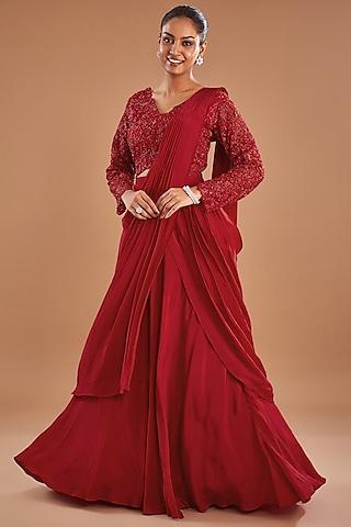 red crepe draped lehenga saree set