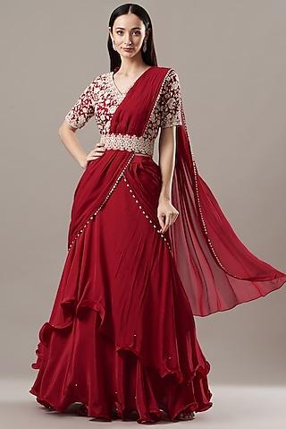 red crepe draped lehenga set