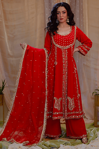 red crepe embellished anarkali set