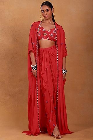 red crepe embellished cape set