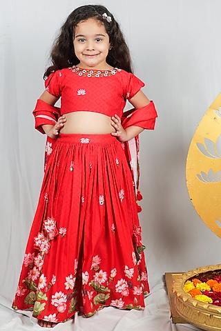 red crepe embroidered lehenga set for girls