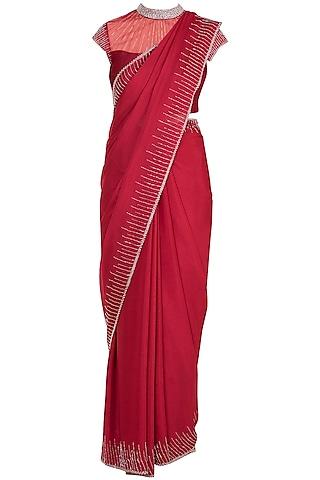 red crepe embroidered saree set