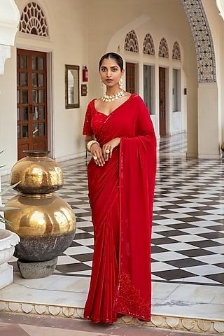 red crepe floral embroidered saree set