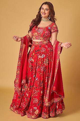 red crepe floral printed lehenga set