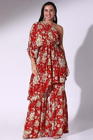 red crepe floral printed one-shoulder tunic set