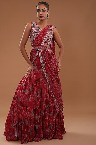 red crepe floral printed pre-draped saree set