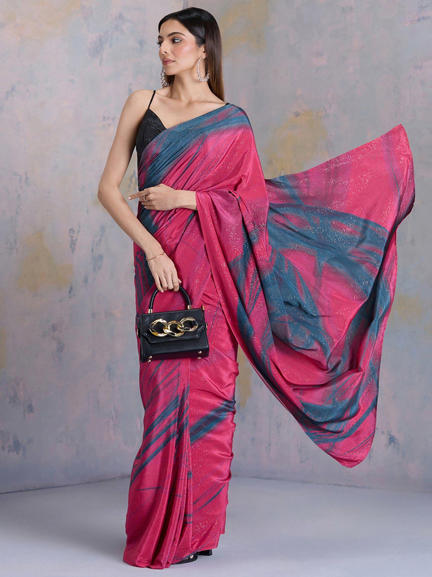 red crepe foil print saree with unstitched blouse