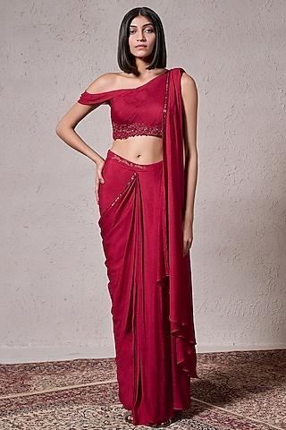 red crepe georgette hand embellished pre-draped saree set