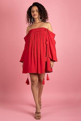 red crepe off-shoulder dress