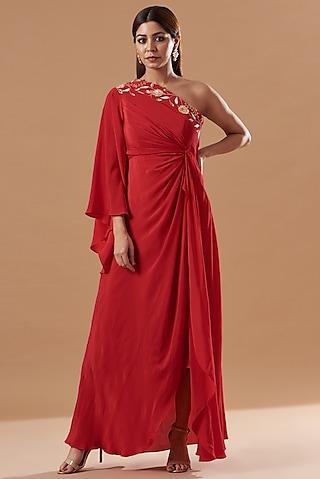 red crepe one shoulder dress