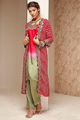 red crepe printed & embroidered cape set