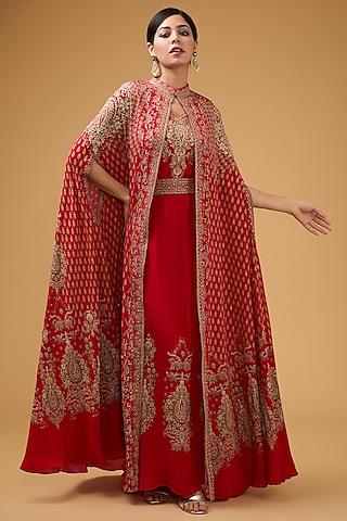 red crepe printed & embroidered cape set