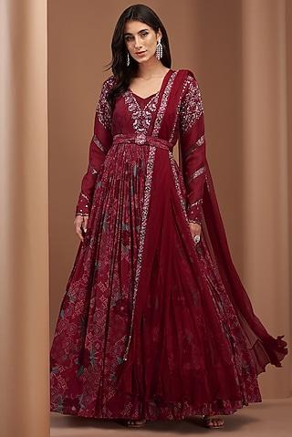 red crepe printed & embroidered gown with dupatta