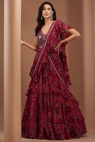 red crepe printed & embroidered pre-draped saree set