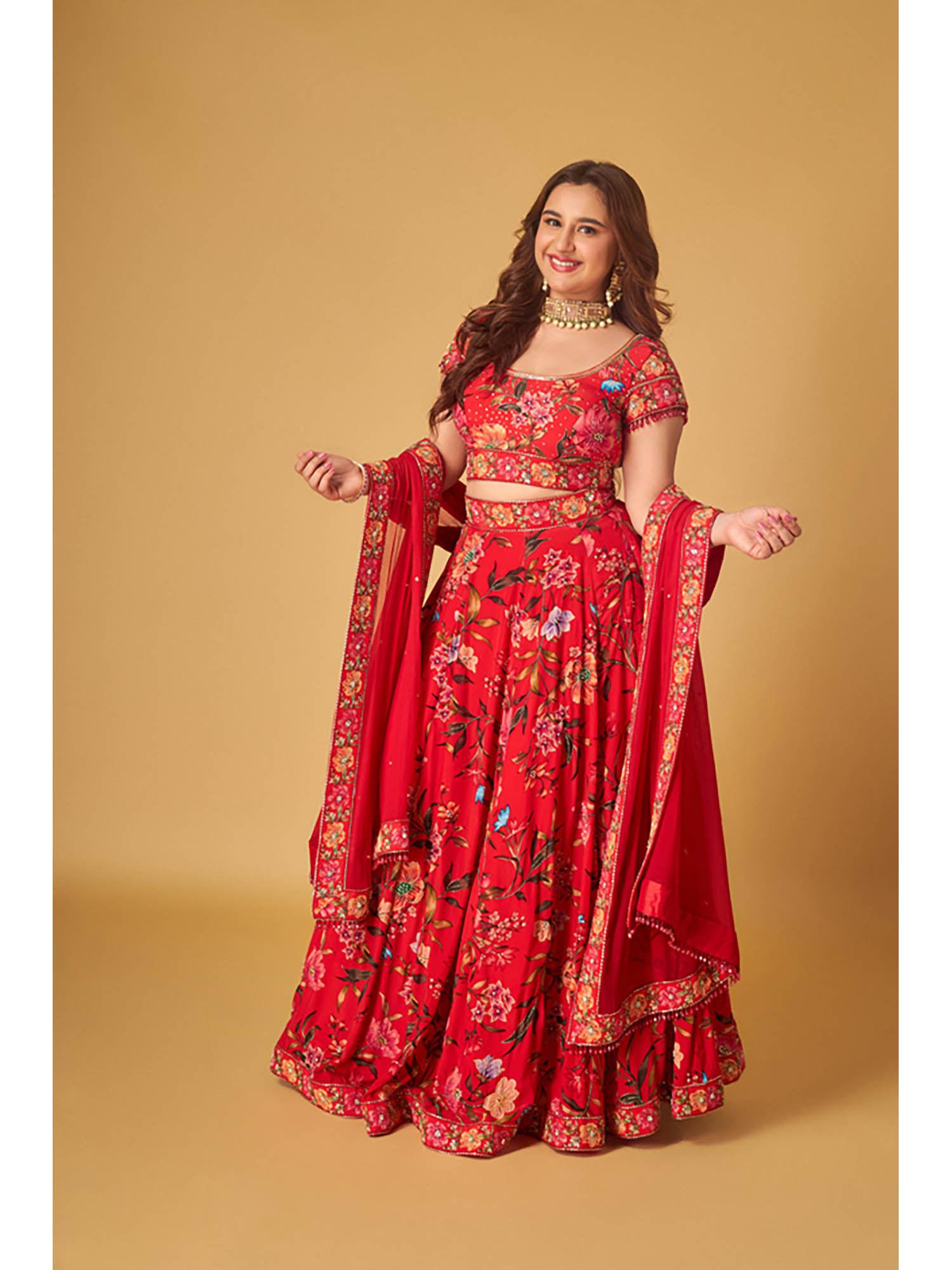 red crepe printed and embroidered lehenga with blouse (set of 3)