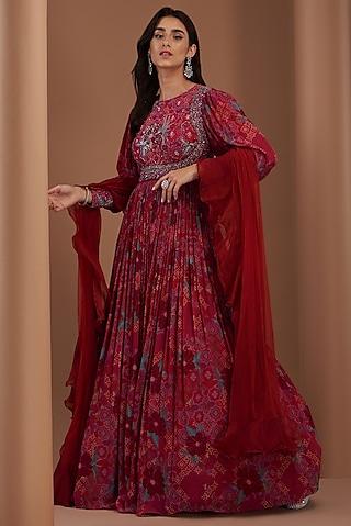 red crepe printed gown with dupatta