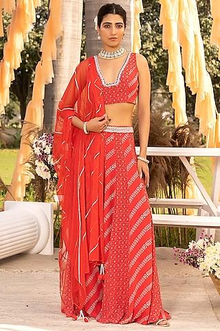 red crepe printed lehenga set