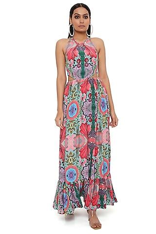 red crepe printed maxi dress