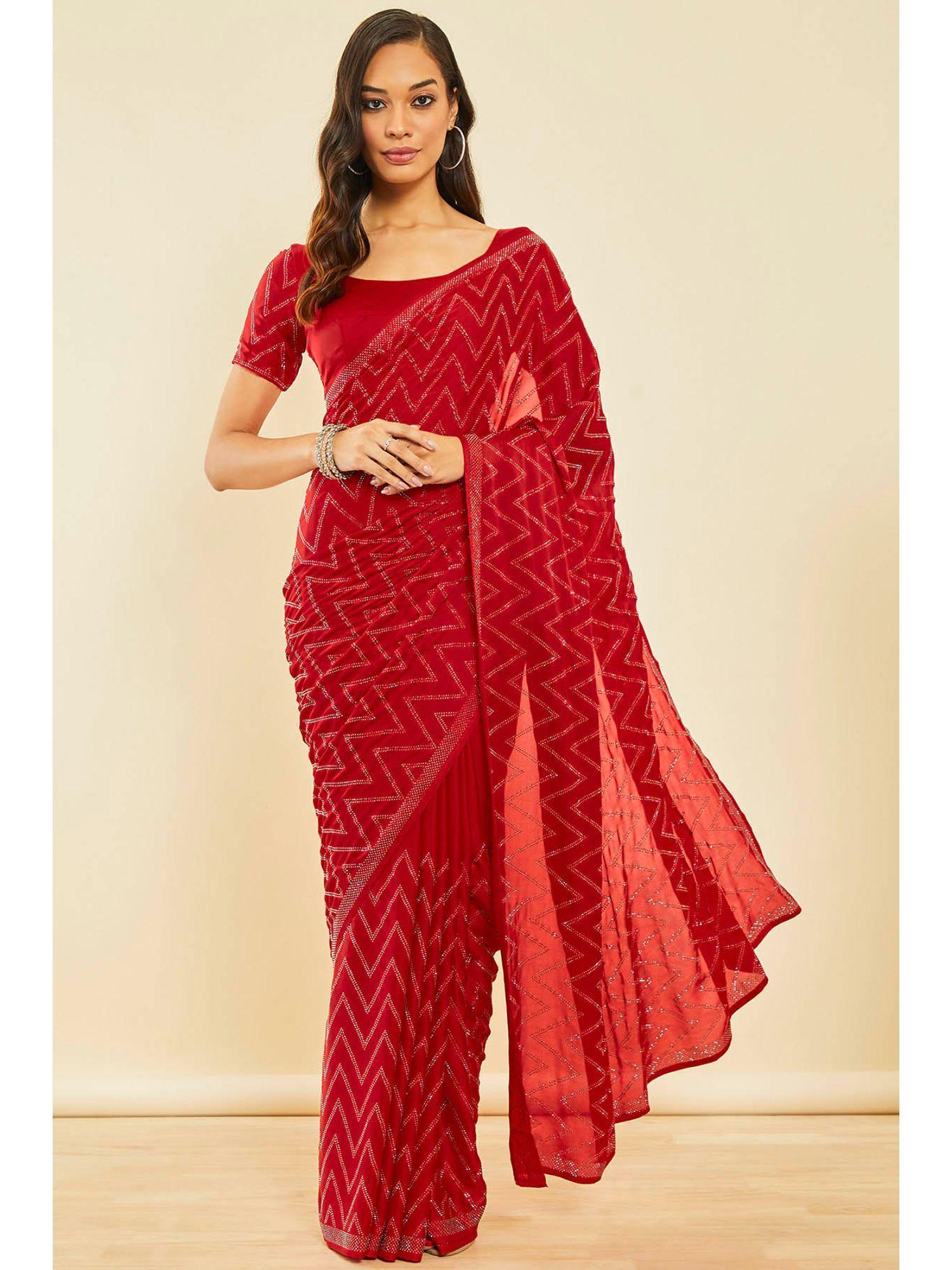red crepe saree with beads with unstitched blouse