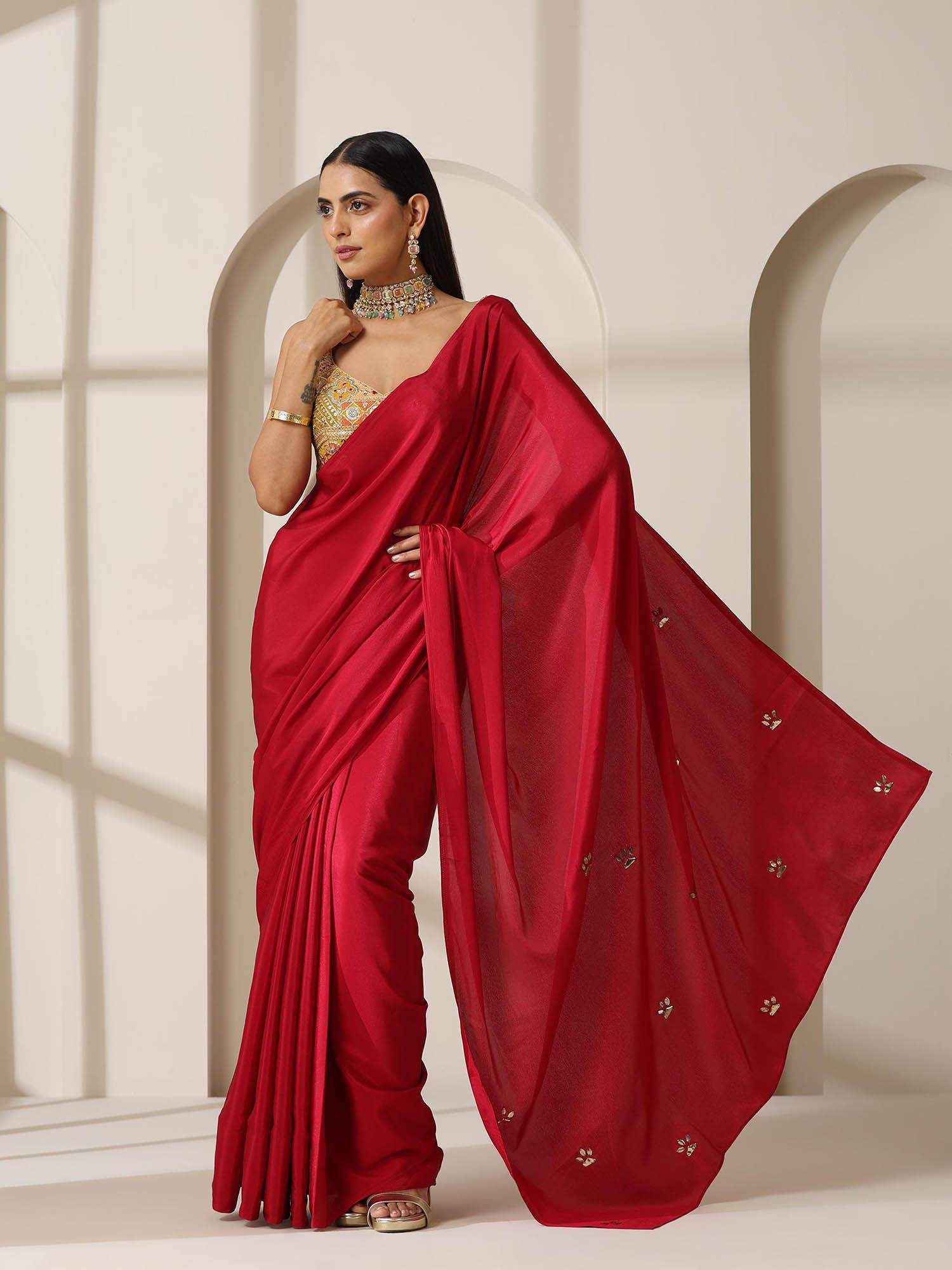 red crepe saree with unstitched blouse