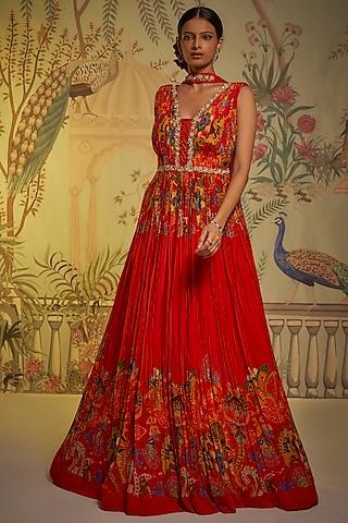 red crepe silk embroidered anarkali set