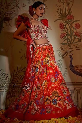 red crepe silk hand embroidered frilled lehenga set