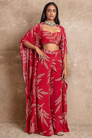 red crepe silk printed cape set