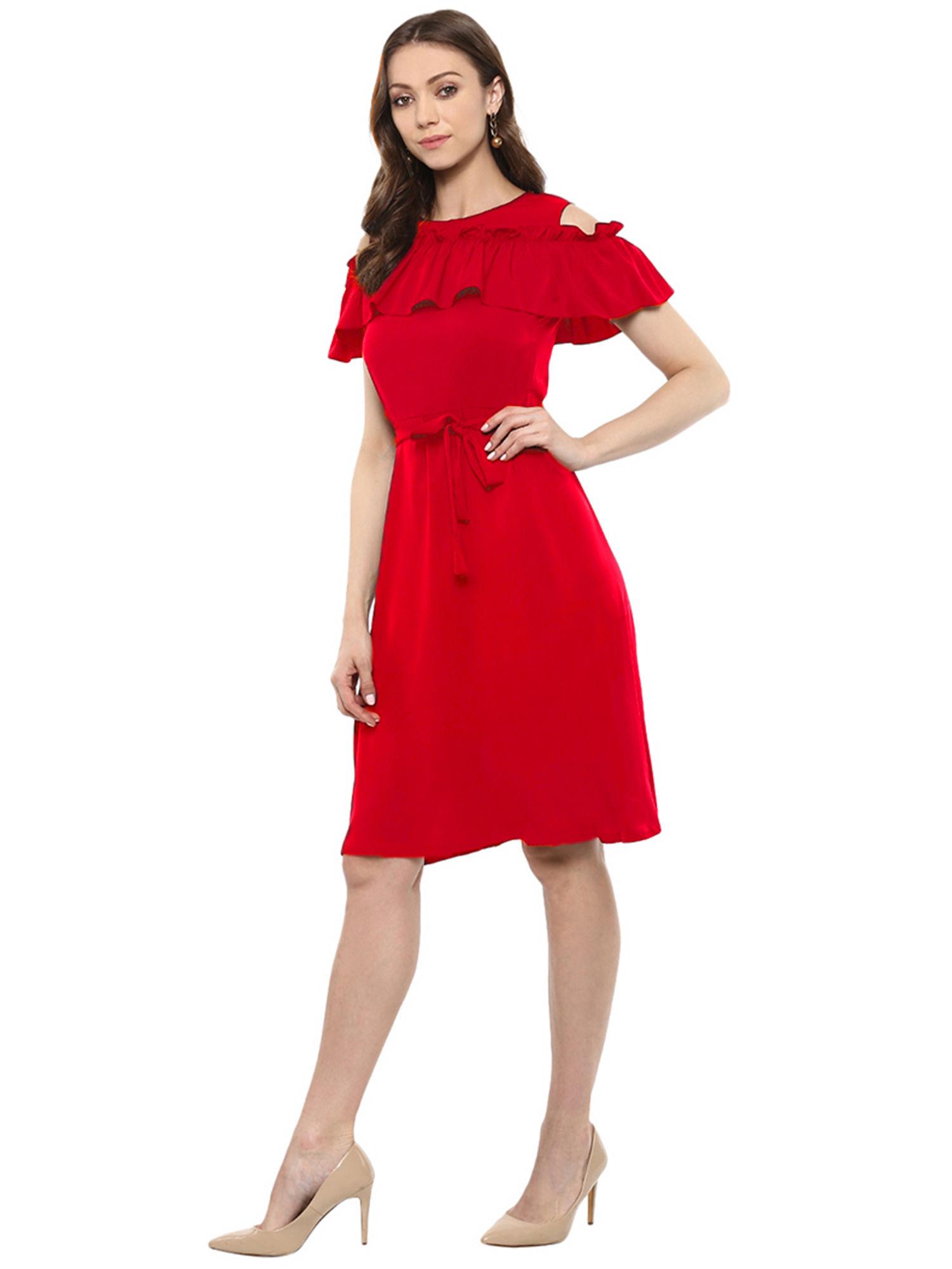 red crepe solid ruffled cold shoulder skater dress