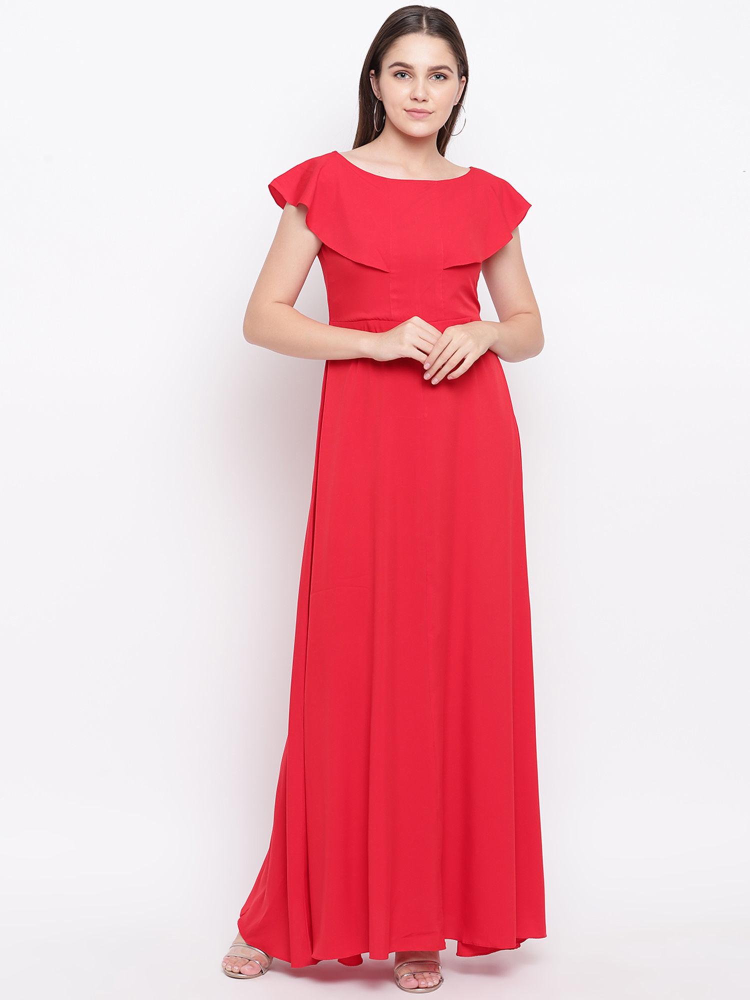 red crepe solid ruffled maxi dress
