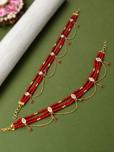 red crystal beads chain tassel wedding collection kundan payal-zpfk10469