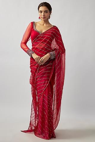 red crystal organza bead hand embellished draped shaded saree set